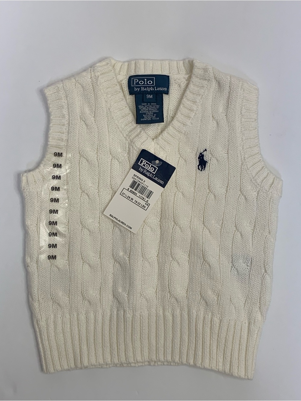 Polo by Ralph Lauren White Cable Knit V-Neck Vest with Navy Pony